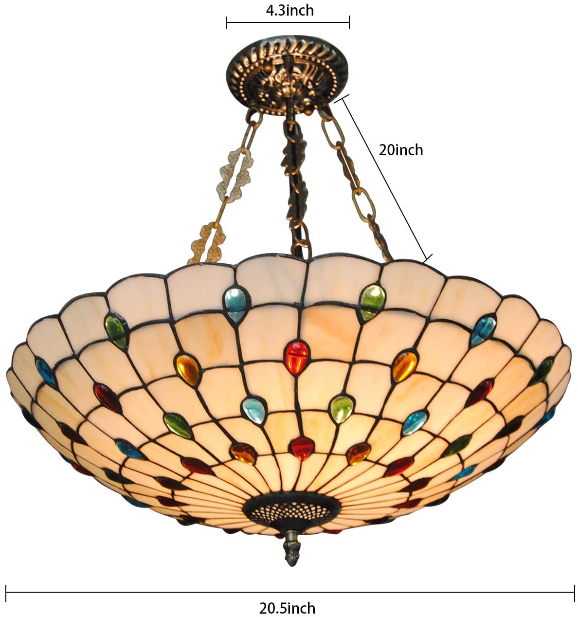 Miumaeov Vintage Tiffany Style Semi-Flush Ceiling Fixture Lamps, 20" Antique Art Beige Stained-Glass Shade 5xE26 Base, Suitable for Living Room Bedroom Study Kitchen Office Island Bar Hallway Dining