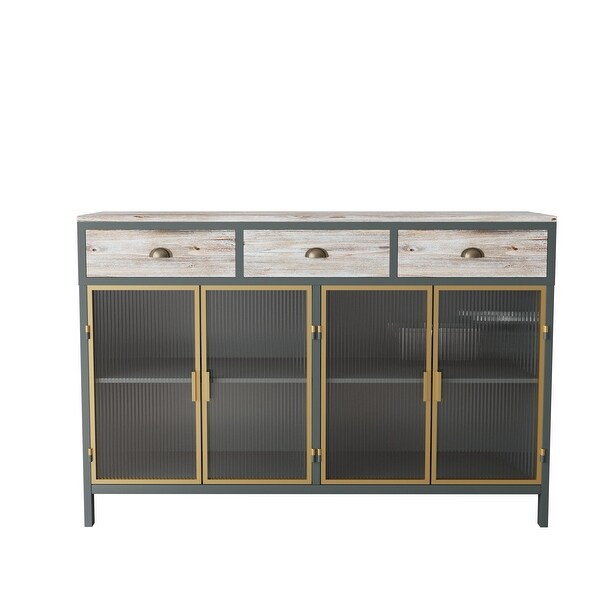 4 Glass Doors Modern Sideboard with 3 Top Drawers