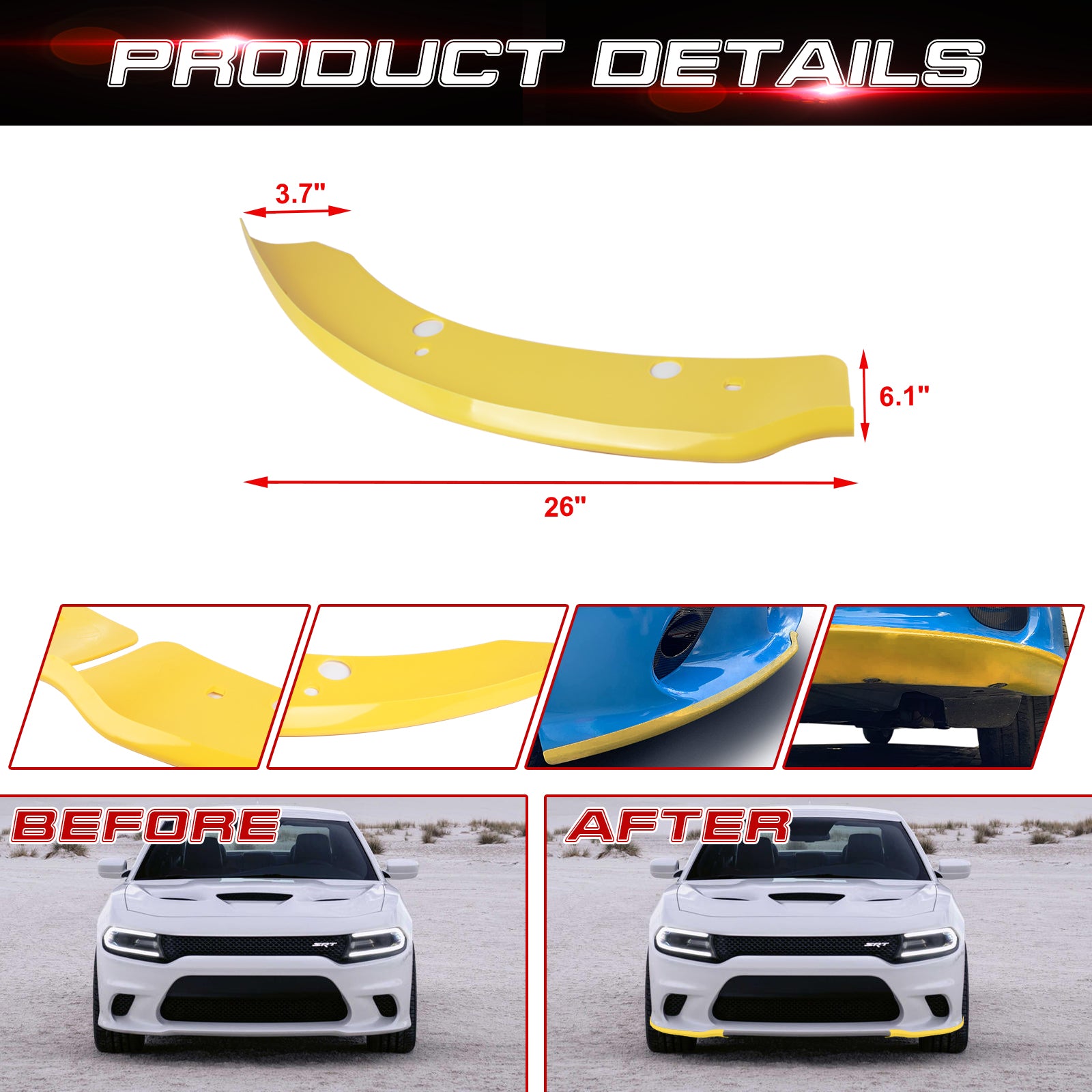 Xotic Tech 2PCS Front Bumper Lip Splitter Spoilers Protector Bumper Corner Edge Guard Cover Trim Accessories Compatible With Dodge Charger SRT Hellcat/SRT 392/Scat Pack/RT Scat Pack 2015-2021， Yellow