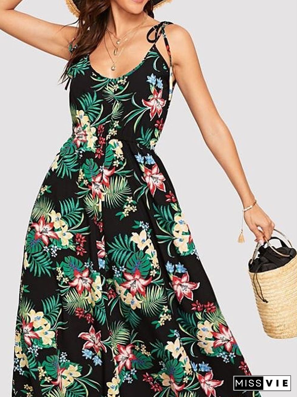 Women's Strap Dress Maxi long Dress Sleeveless Floral Print Spring Summer Casual Green S M L XL Black Dresses