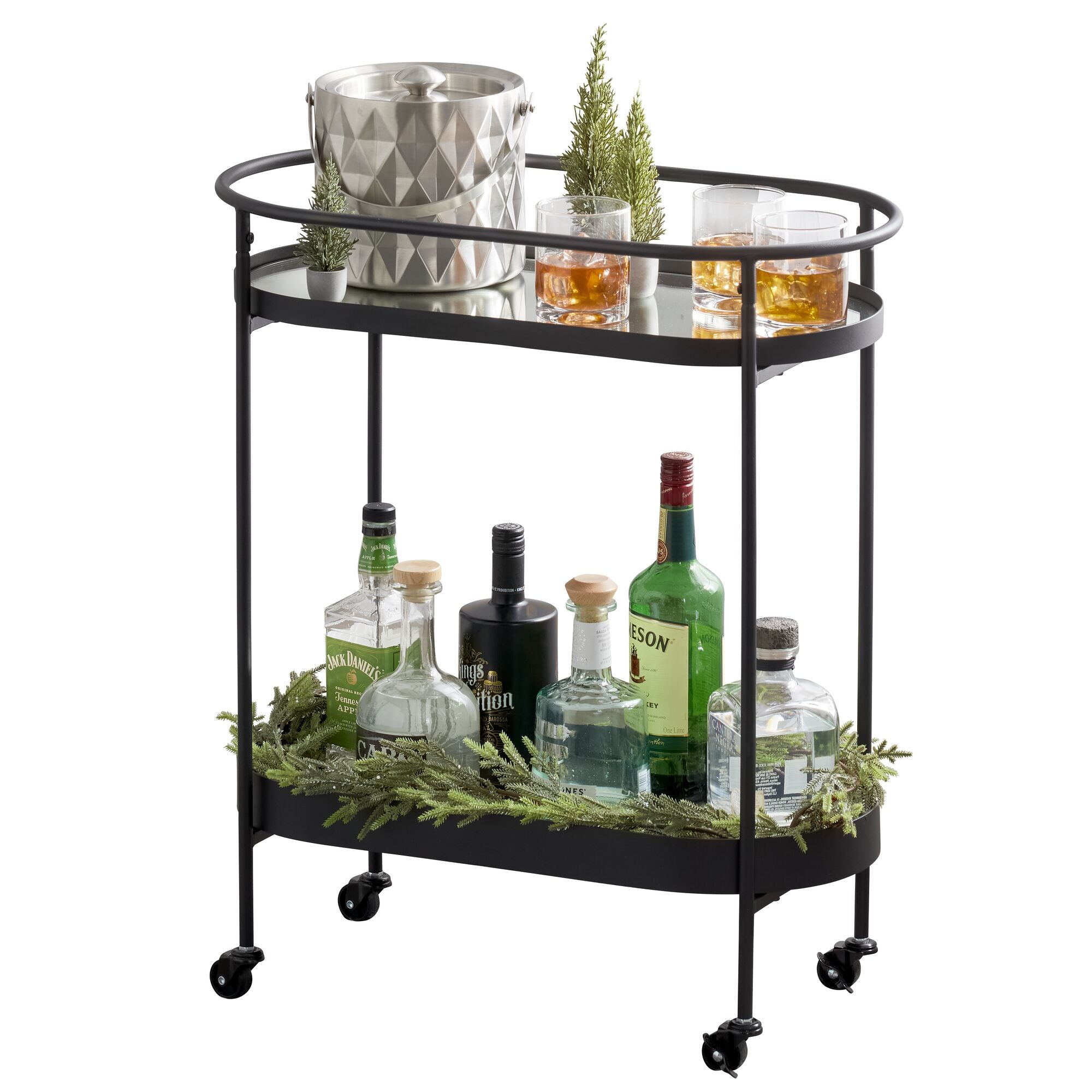 mDesign Stylish Modern Mirror Tray Top Rolling Serving Bar Cart - 2-Tier Oval Home Drink Rack Trolley Kitchen Furniture with Wheels for Wine， Coaster， Glass， Beer， and Drinks - Matte Black