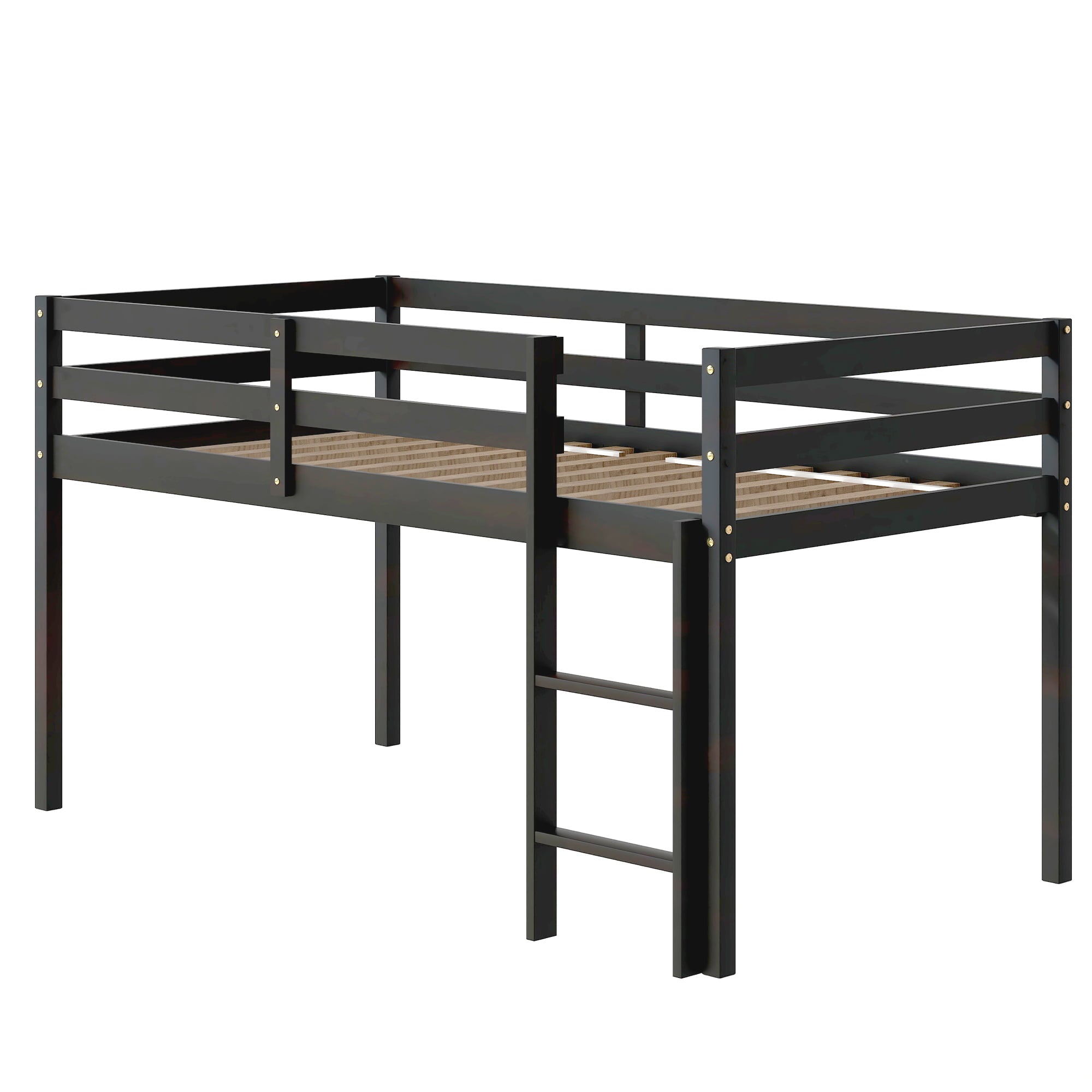 Low Twin Wood Loft Bed with Full-length Safety Rail and Ladder, Modern Loft Bed Frame for Kids Teens Adult, Space Saving Bedroom Loft Bed, No Box Spring Needed, Espresso, J2299