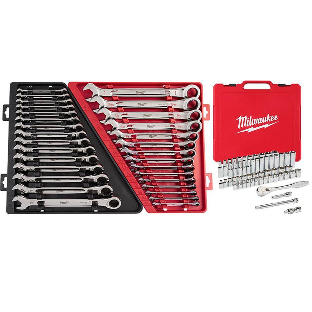 MW SAEMetric Combination Ratcheting Wrenches with 38 in. Drive SAEMetric Ratchet  Socket Mechanics Tool Set (86-Piece) 48-22-9416-48-22-9516-48-22-9008