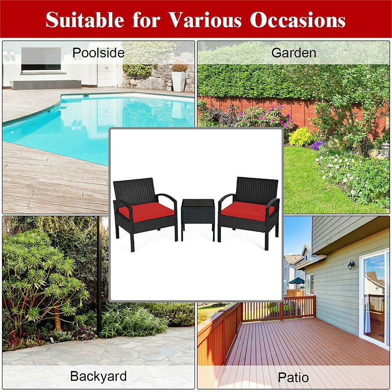 3 Pieces Outdoor Rattan Patio Conversation Set with Seat Cushions