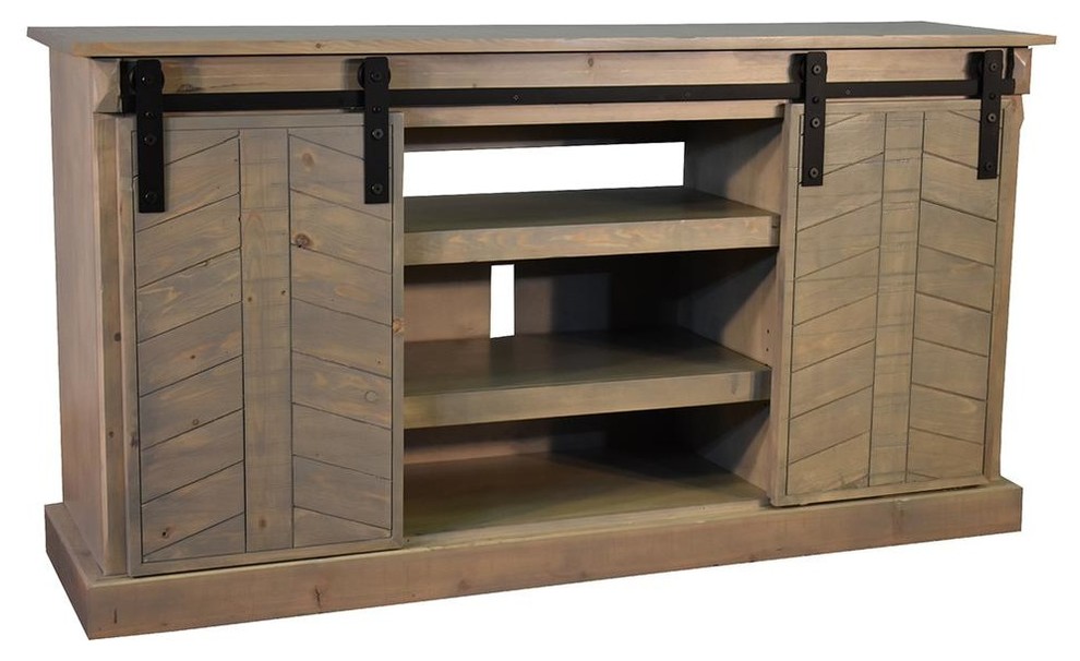 Mason Chevron 65 quotSliding TV Stand  Vintage Gray   Farmhouse   Entertainment Centers And Tv Stands   by Crafters and Weavers  Houzz