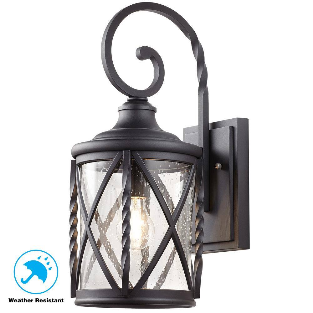 Home Decorators Collection Walcott Manor 8 in. One Light Black Industrial Outdoor Wall Lantern Sconce with Clear Seeded Glass 7954HDCBLDI