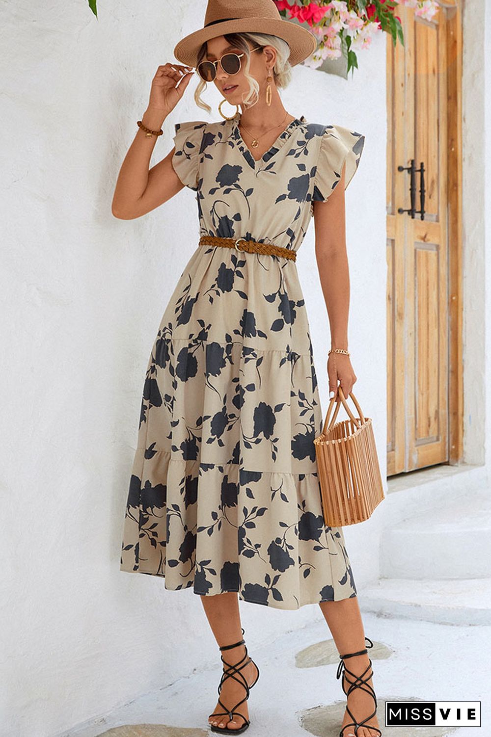 V Neck Ruffle Sleeves Splicing Floral Dress