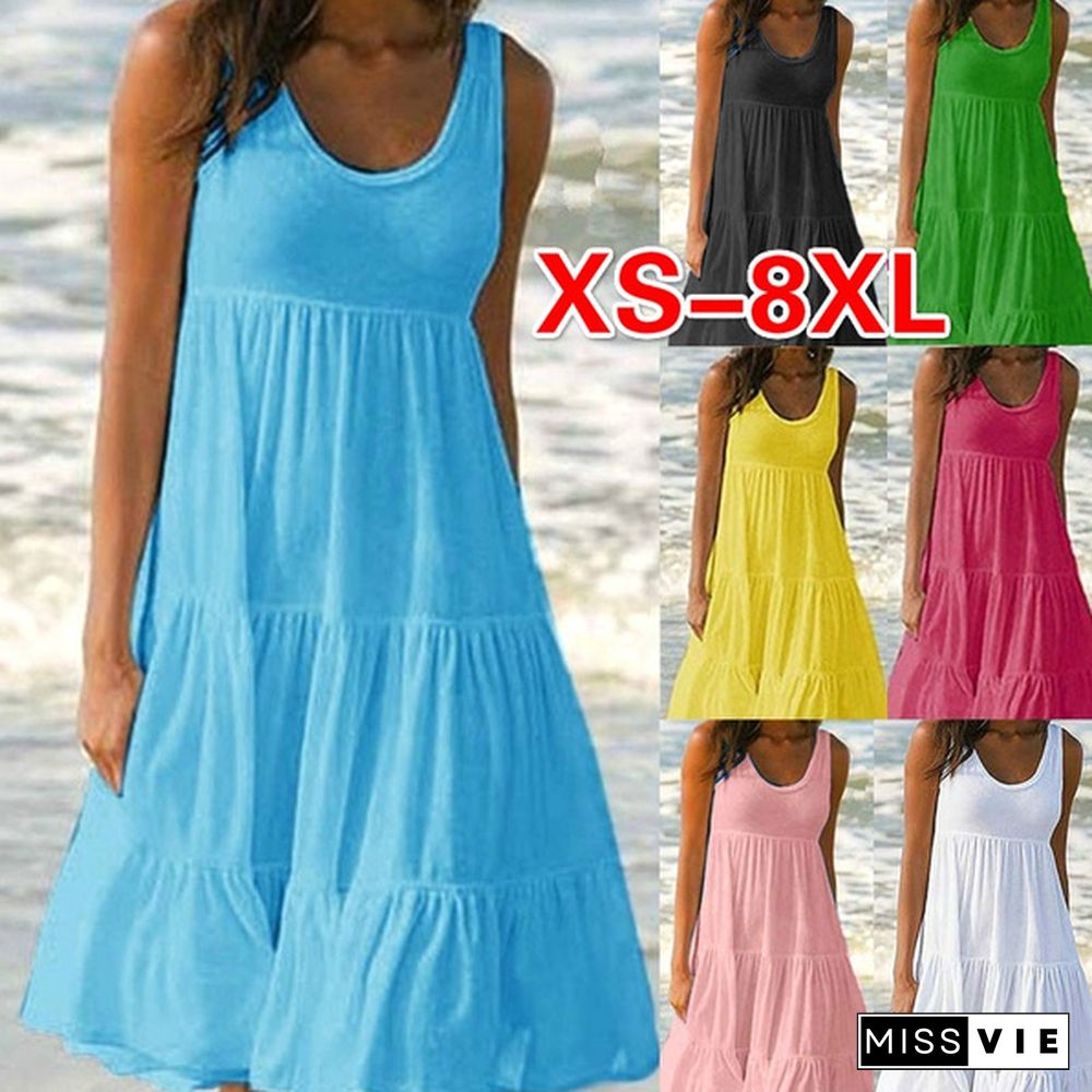 Summer Dresses Plus Size Fashion Clothes Women's Casual Sleeveless Dress Loose Dresses Solid Color A-line Dress Cotton O-neck Off Shoulder Halter Pleated Dress Ladies Mini Dress Tank Top Beach Wear Party Dresses XS-8XL