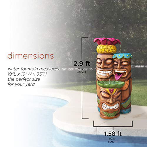 Alpine Outdoor Tiki Head Polyresin Electric Fountain with LED Light， 35 inch Tall