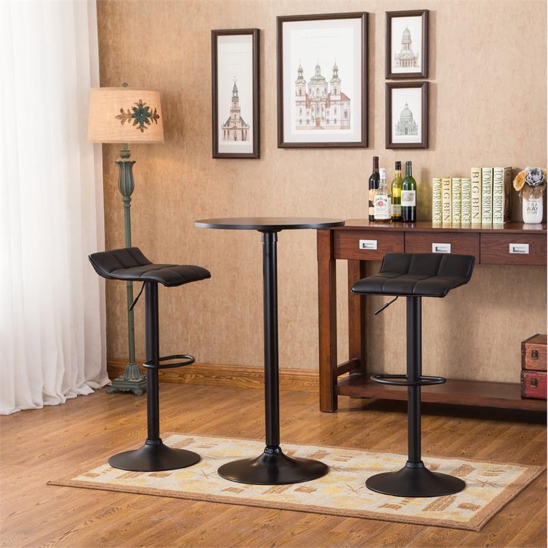 Roundhill Furniture Belham Black Round Top with Black Leg And Base Metal Bar Table and 2 Swivel Black Bonded Leather Adjustable Bar Stool Bar Sets