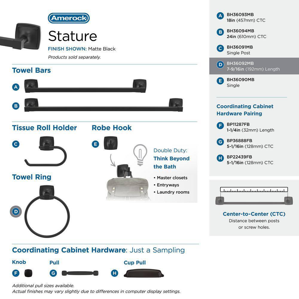 Amerock Stature 7-916 in. (192 mm) L Towel Ring in Matte Black BH36092MB