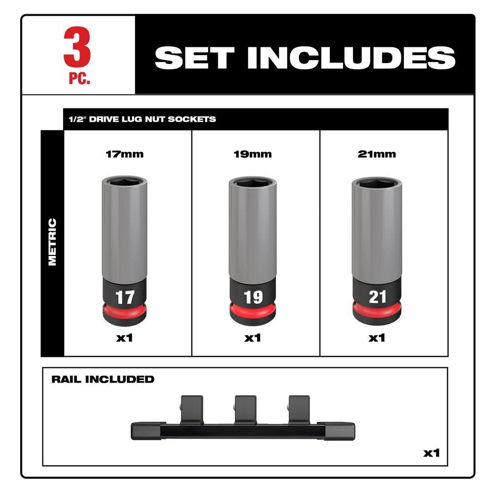 Milwaukee SHOCKWAVE Impact Duty Socket 1/2 Drive Metric 3PC Lug Nut Wheel Set 49-66-7830 from Milwaukee