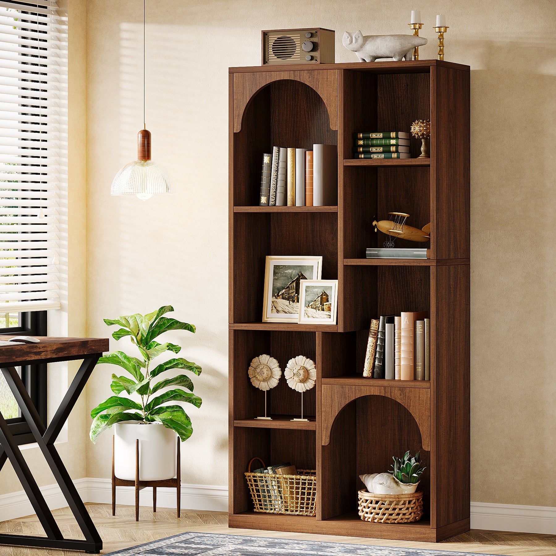 70 Bookshelf, 7-Tier Farmhouse Bookcase Arched Etagere