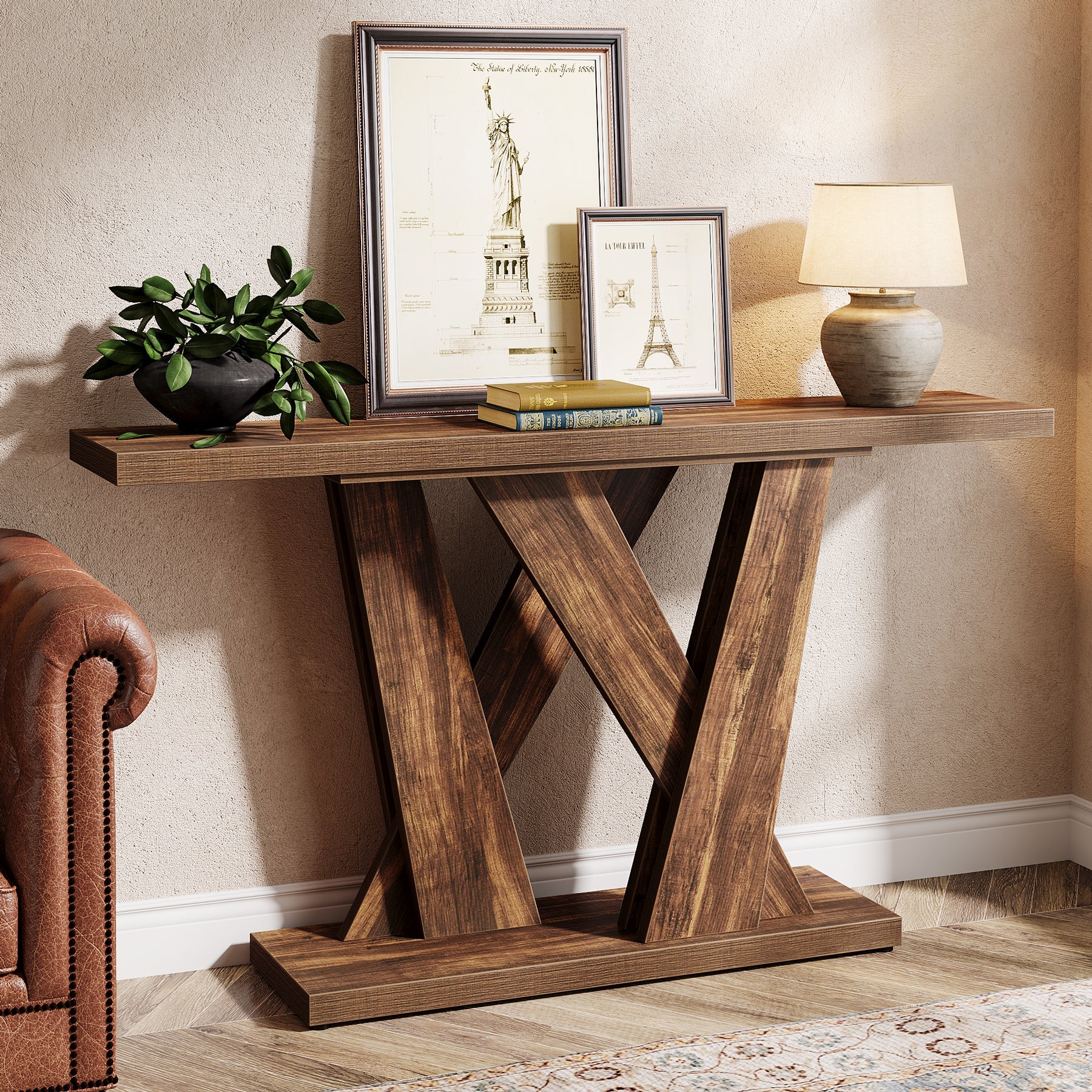 55 Console Table, Farmhouse Entryway Table With Geometric Base