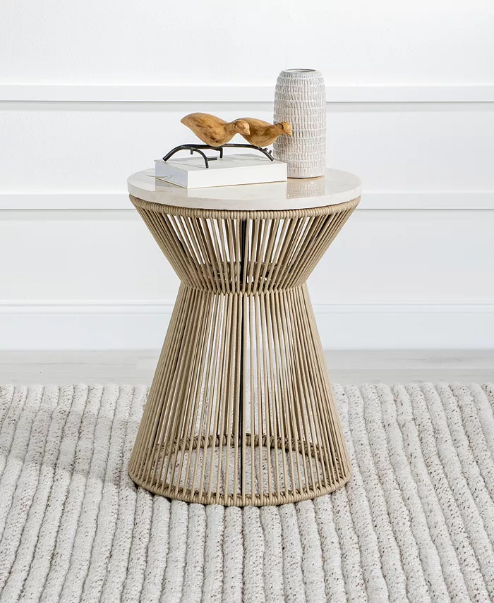 Furniture Legacy Classic Biscayne 18 Wood with Travertine Top Round Rope End Table