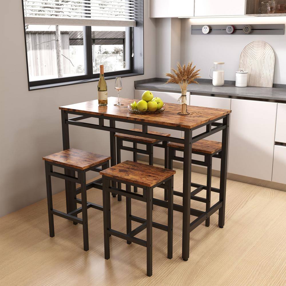 YOFE 5-Piece Rustic Brown Particle Board Top Dining Table Set (Seats 4) Kitchen Counter Height Table Chair Set with 4-Stools CamyBN-GI40680W1162-Dset01