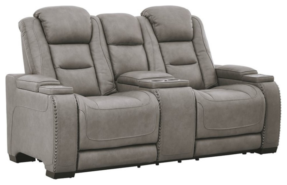 Bowery Hill Contemporary Leather Power Reclining Loveseat in Gray Finish   Contemporary   Loveseats   by Homesquare  Houzz