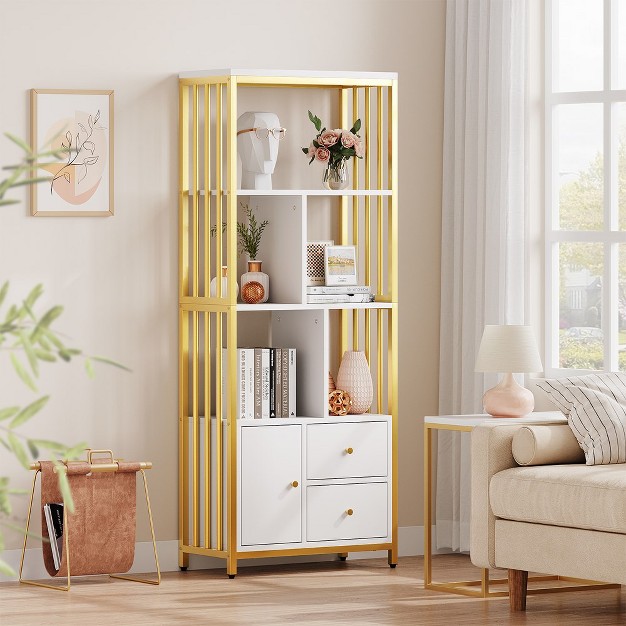 Trinity Bookshelf Modern Bookcase With Drawers Gold Storage Rack Shelf Tall Standing Bookshelves For Bedroom Living Room Home Office Gold