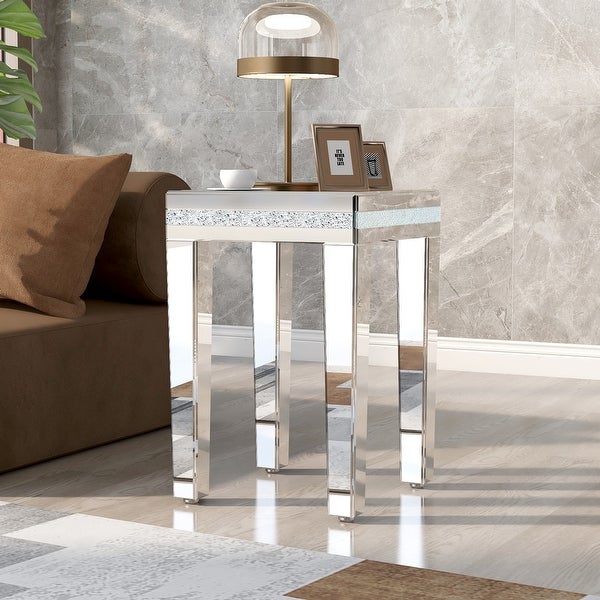 Nestfair Silver Glass Mirrored Side Table with Crystal Design and Adjustable Height