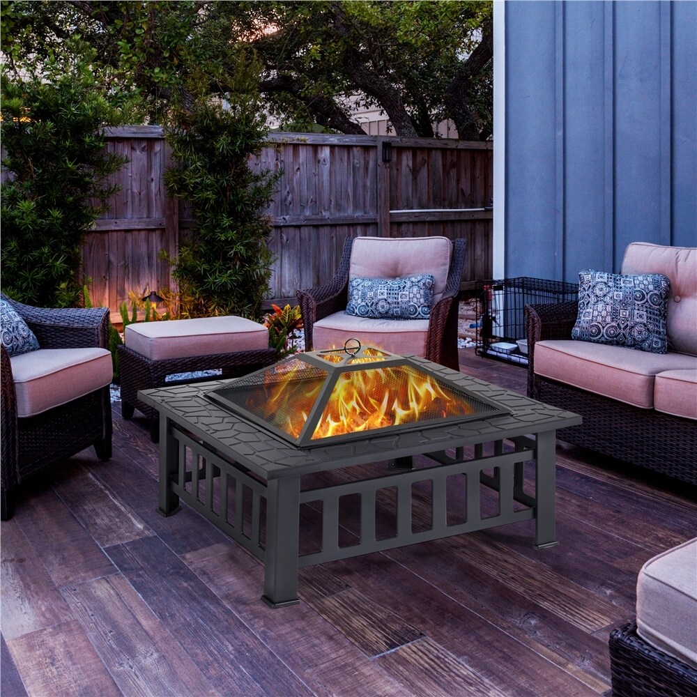 Yaheetech 34in Fire Pit Table Outdoor Patio Fire Pits Square Steel Stove with Mesh Screen and Cover