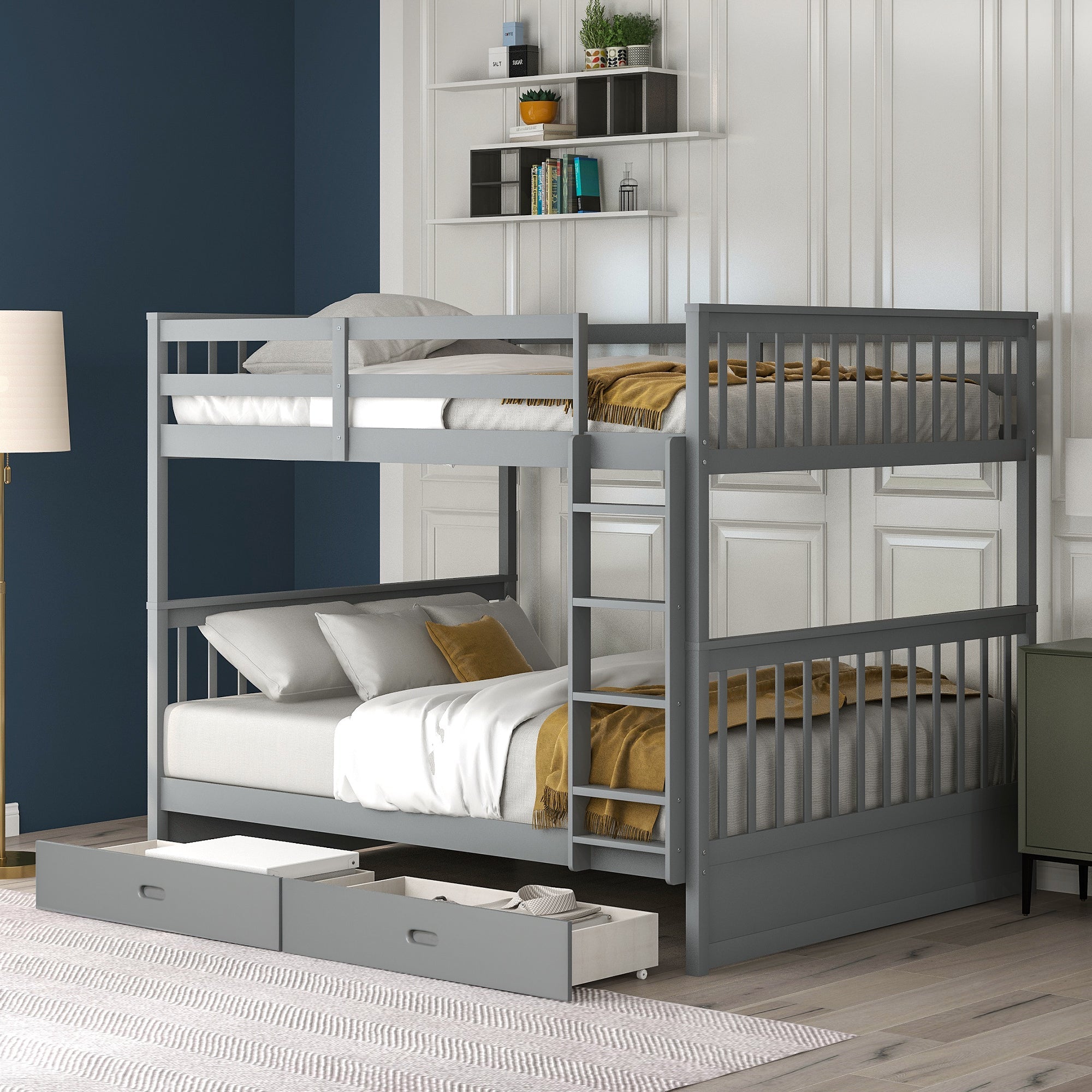 Wood Full Over Full Bunk Bed with Two Storage Drawers and Ladders for Kids Adults,Gray