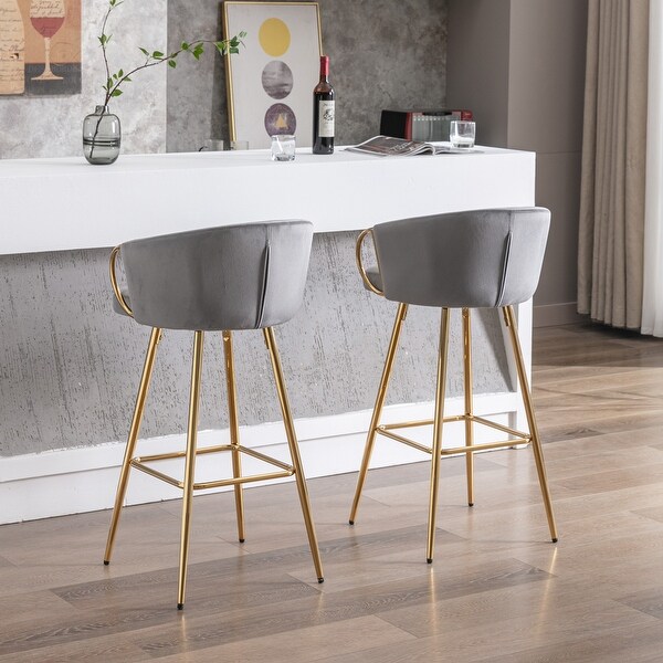 30 Inch Set of 2 Bar Stools with Chrome Footrest and Base Velvet and Golden Leg Simple Bar Stool for Kitchen