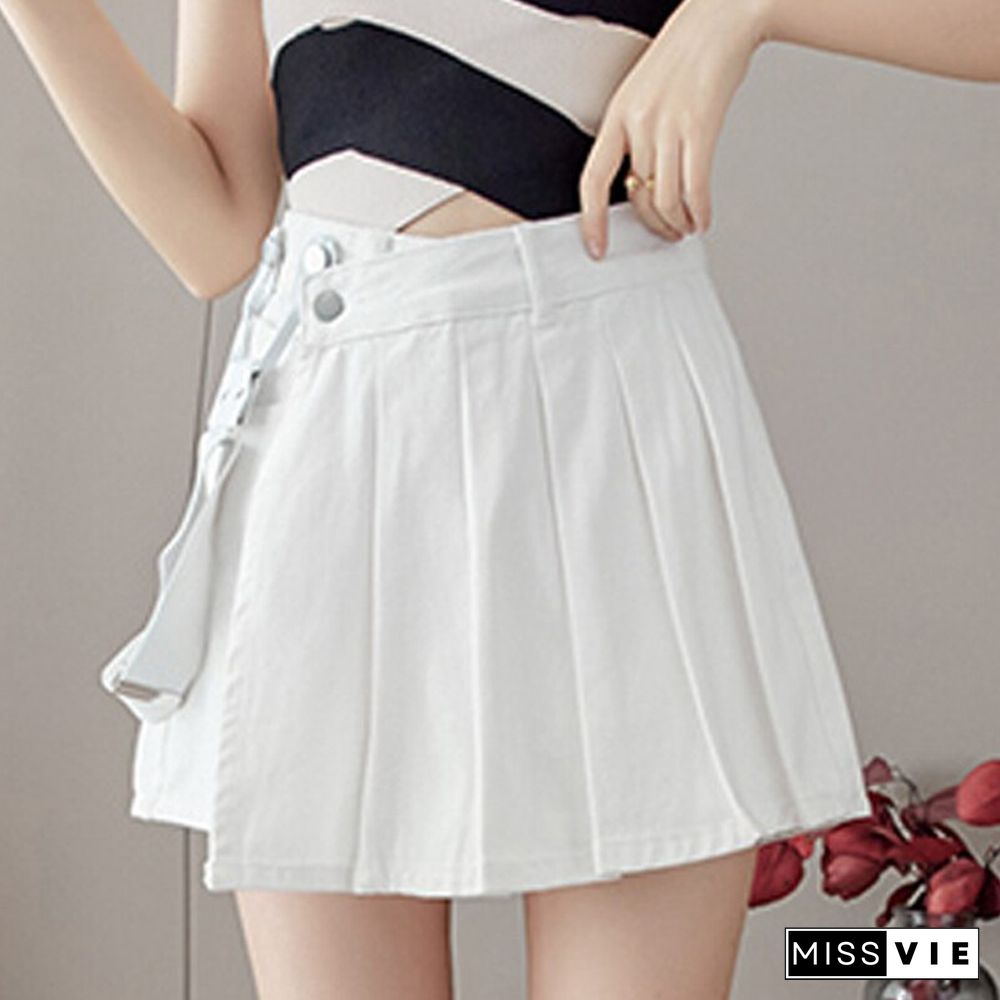 Summer Korean Fashion Design Shoulder Strap Pleated Skirt Women High Waist A Line Mini Skirts All Match Casual Skirts New