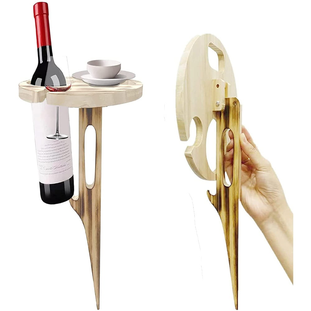 Outdoor Wine Table Picnic， Holder Portable Folding Wine with Round Desktop Wooden Picnic Table for Outdoor Picnic Wine Glass Holders， Gardening， Travel， Camping， BBQ， Party