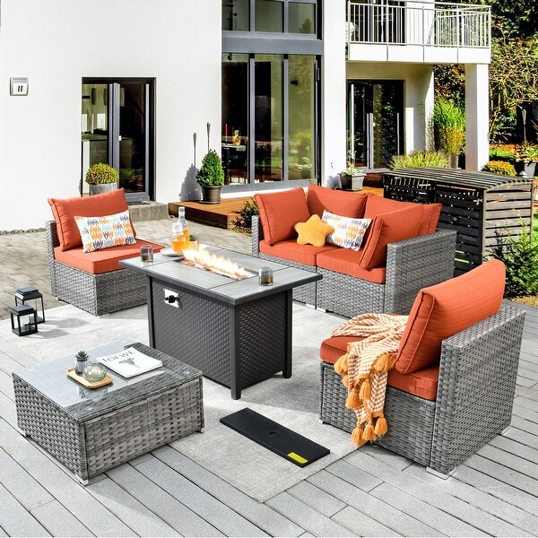 XIZZI Patio Furniture Set 6 Pieces Outdoor Sectional Rattan Sofa with Firepit