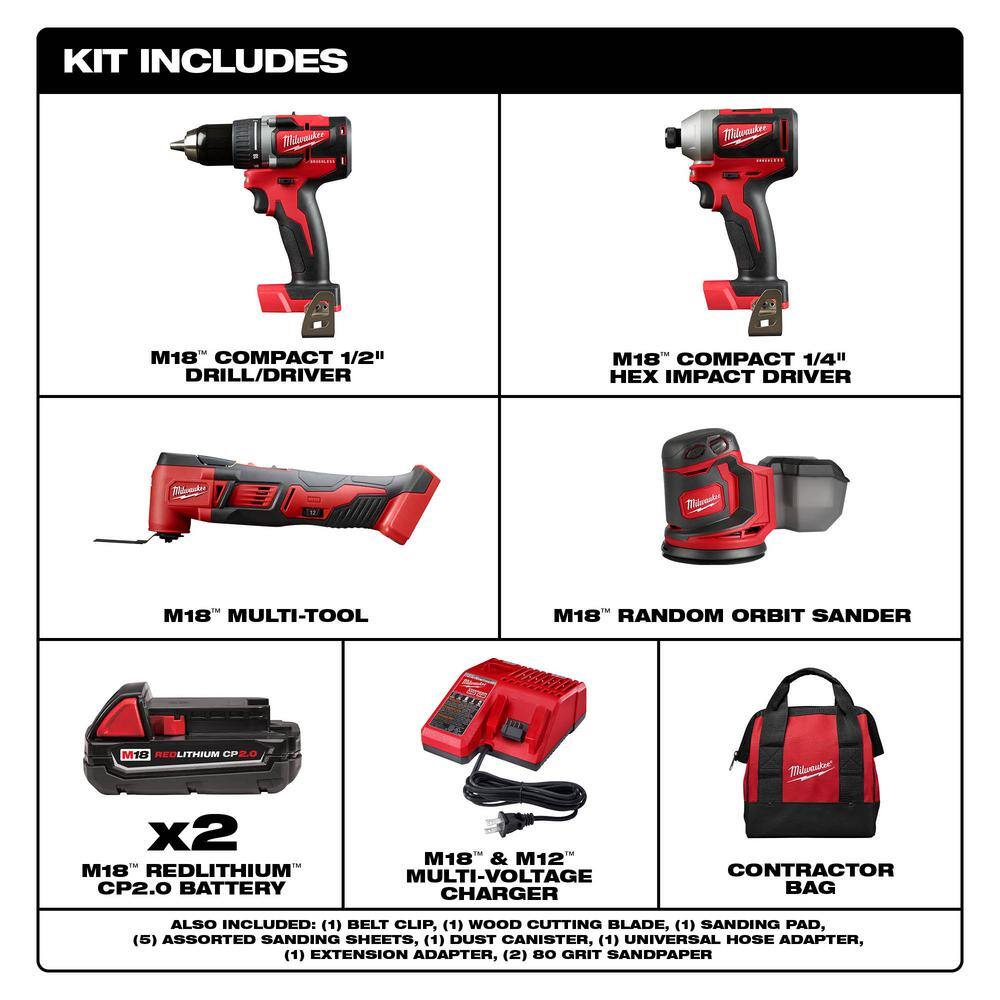 MW M18 18V Lithium-Ion Brushless Cordless Compact DrillImpact  Multi-Tool Combo Kit (3-Tool) W Random Orbit Sander 2892-22CT-2626-20-2648-20