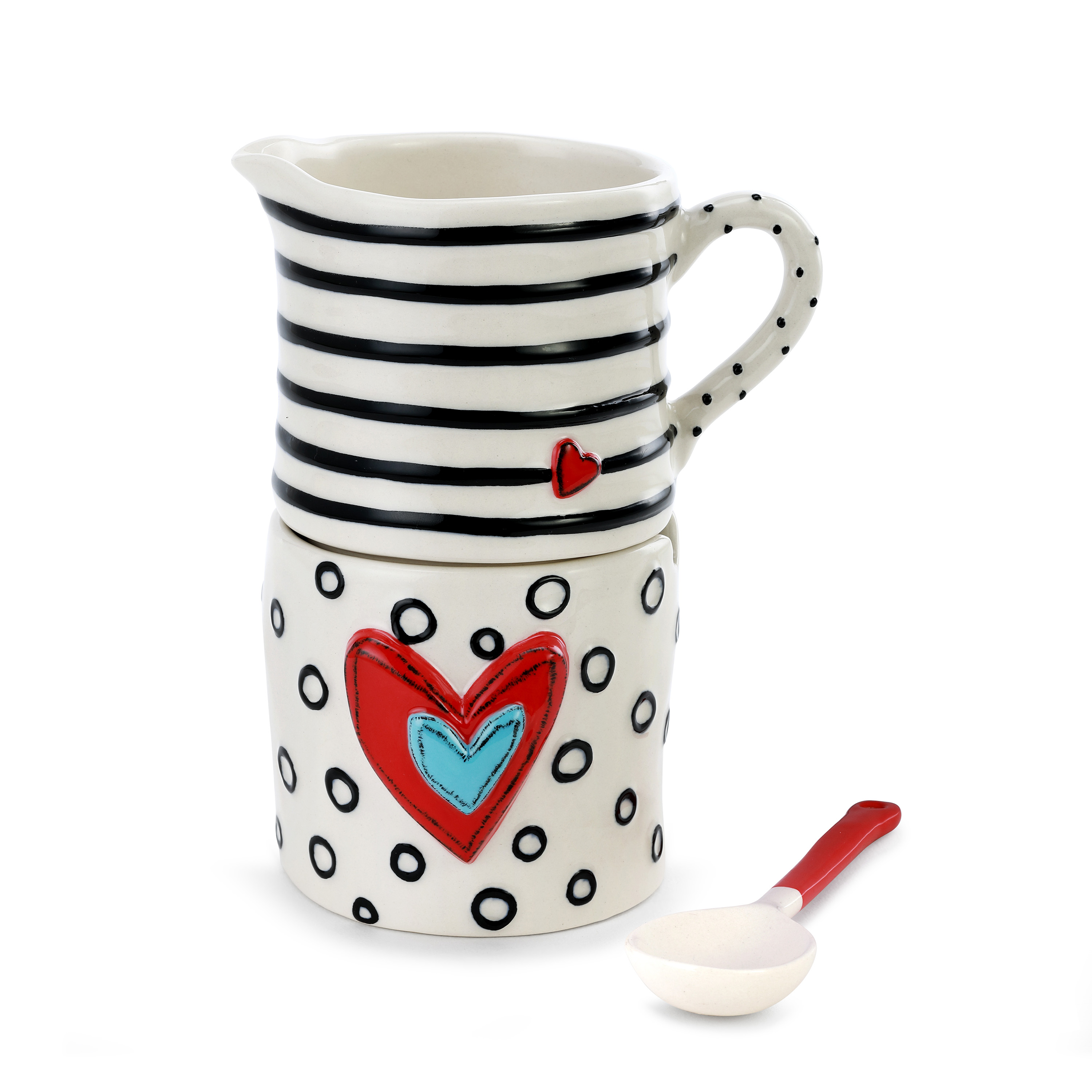 Heart Black and White 16 ounce Ceramic Stoneware Cream and Sugar Stacker