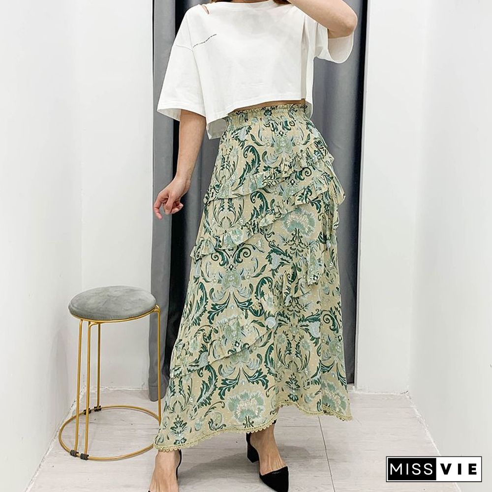 90s Fashion Retro Elastic Waist Paisley Ruffle Midi Skirt