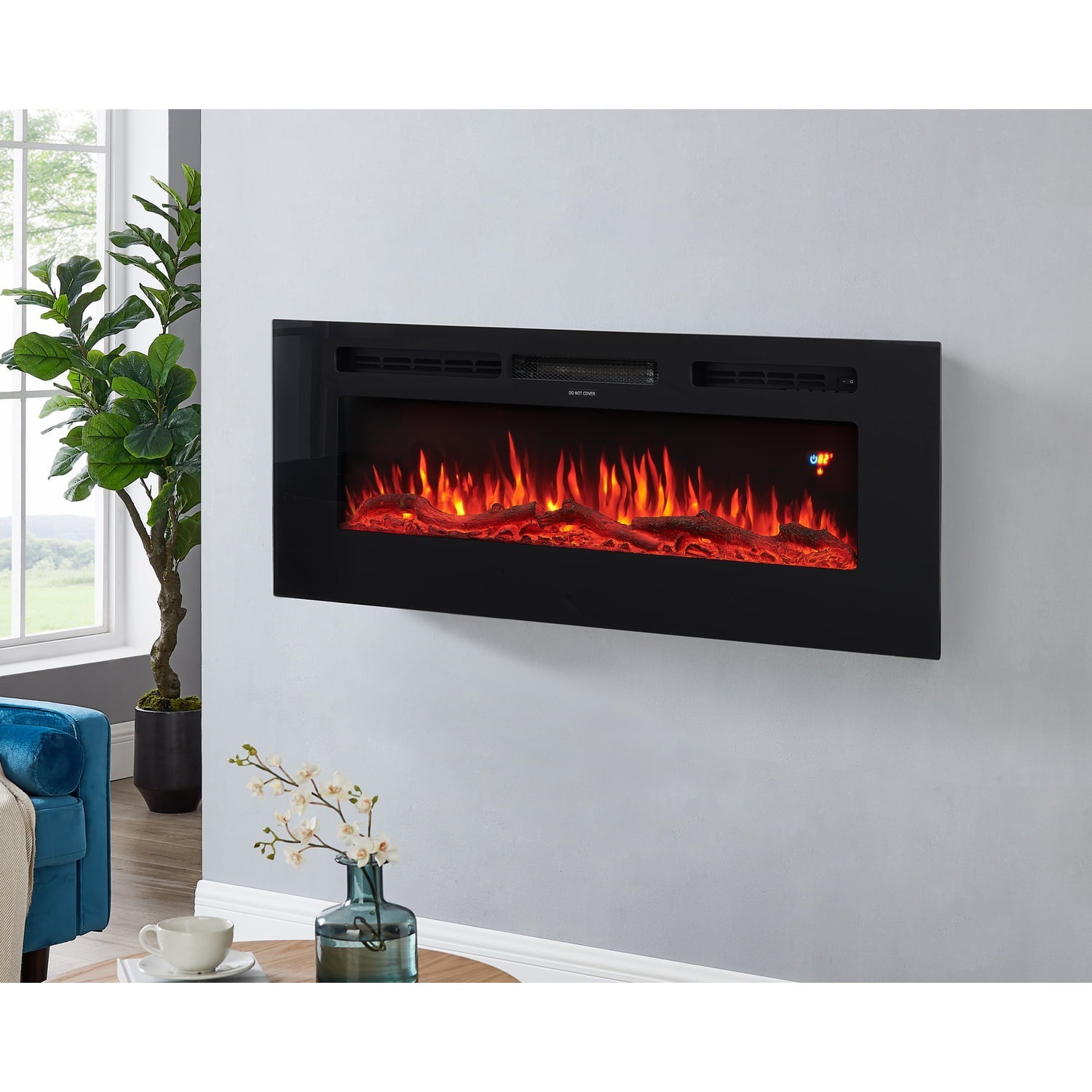 Cyra Electric Fireplace 50" Wall Mounted Electric Fireplace Inserts LED Fireplace with 3 Colors, Temperature, Touch Screen, Remote Control, Timer, Crystal Stones, Wood by Naomi Home - 50 Inch