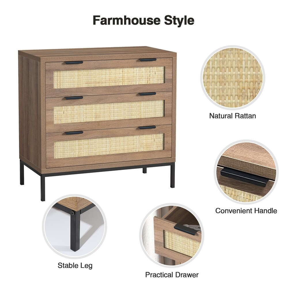 Bedroom Nightstand Dresser 3 Drawer Rattan Chest of Drawers Storage Cabinet 31.5\