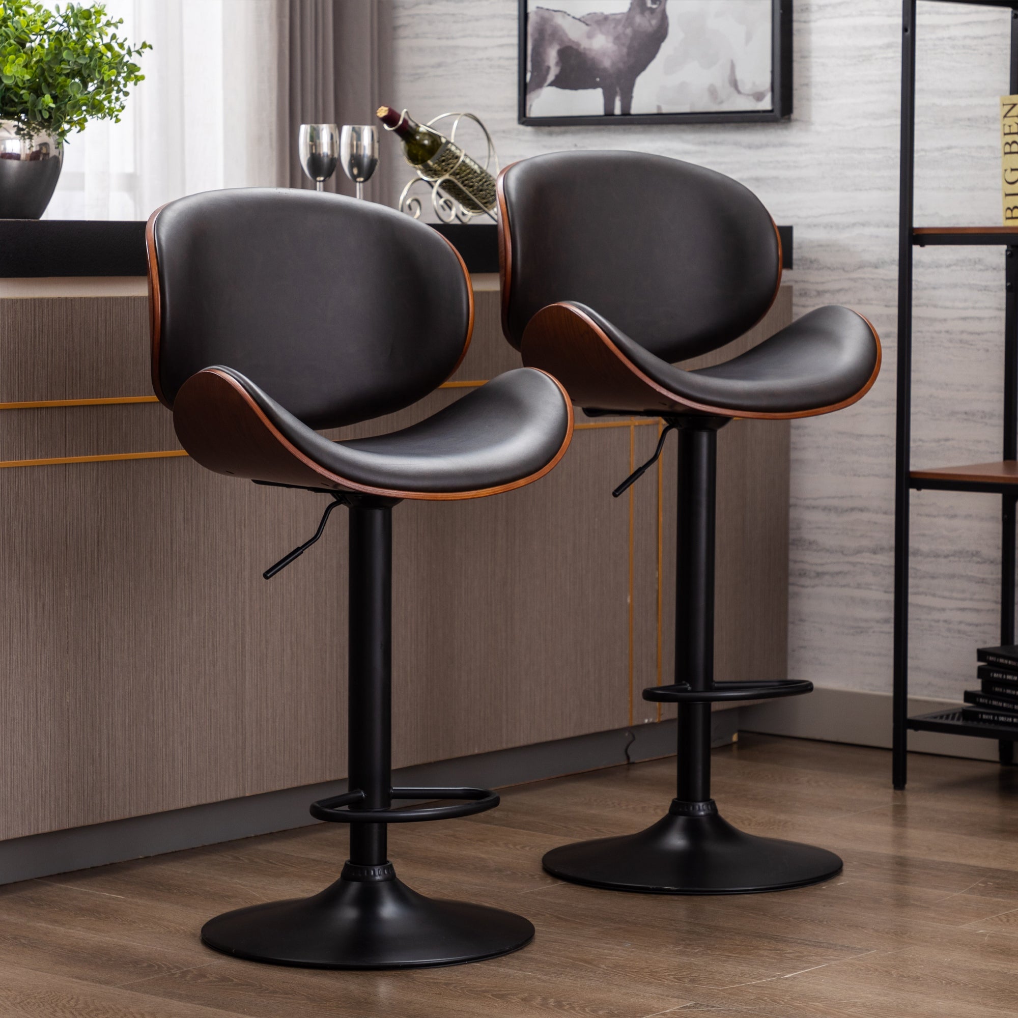 Adjustable Bar Stools， Upholstered Swivel PU Leather Barstools (Set of 2)