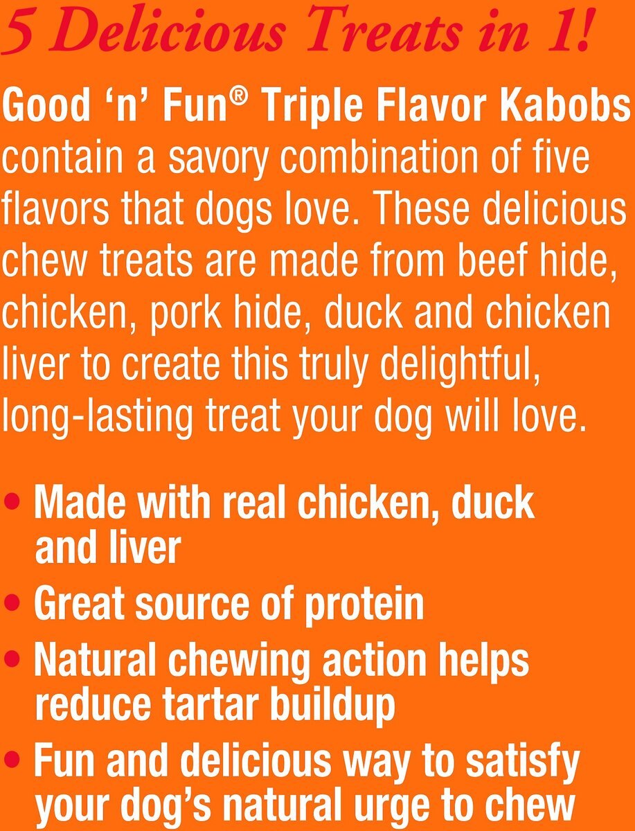 Good 'n' Fun Triple Flavor Kabobs Rawhide Chews Dog Dental Treats， 48-oz bag