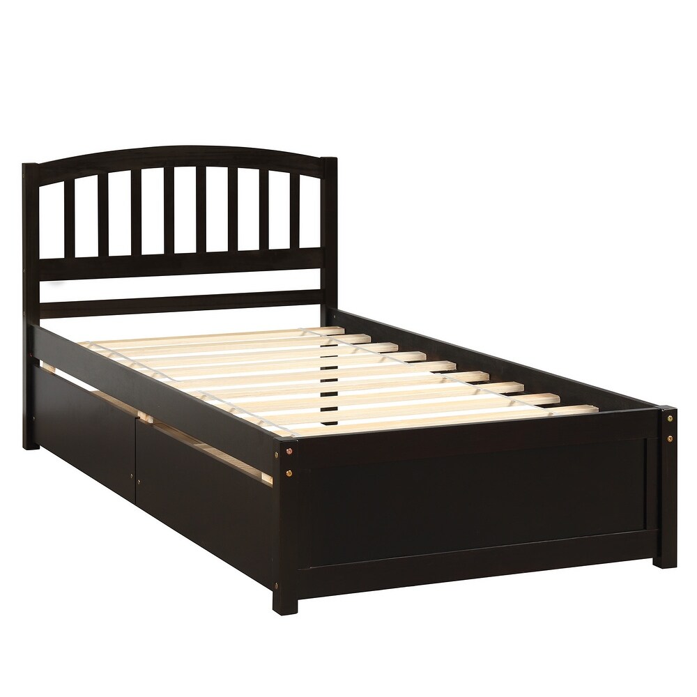 Twin Size Solid Wood Storage Platform Bed with Headboard   2 Drawers