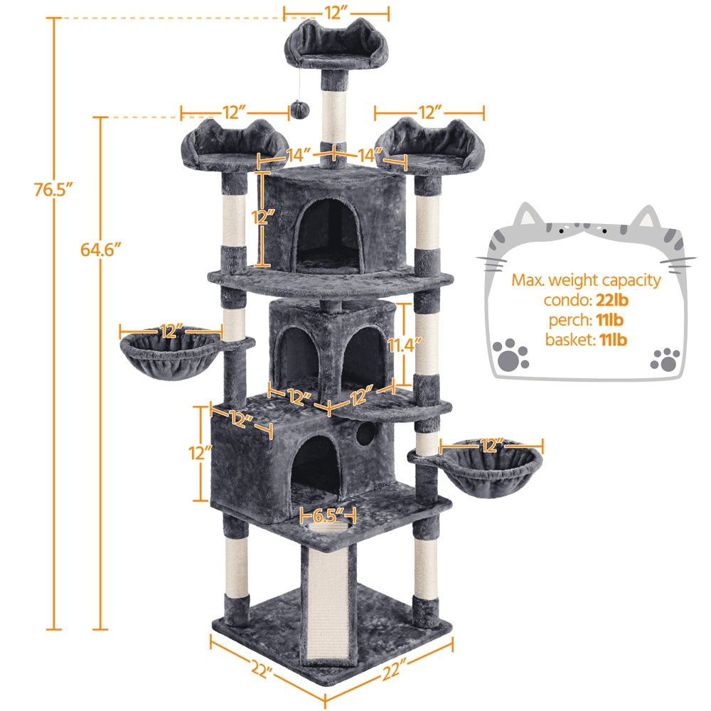 SMILE MART 76.5" Large Cat Tree Tower with 3 Condos Cozy Perches Dangling Ball, Dark Gray