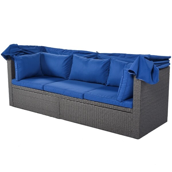 Roomfitters Outdoor Patio Rectangle Daybed with Retractable Canopy，Wicker Sectional Seating with Washable Cushions