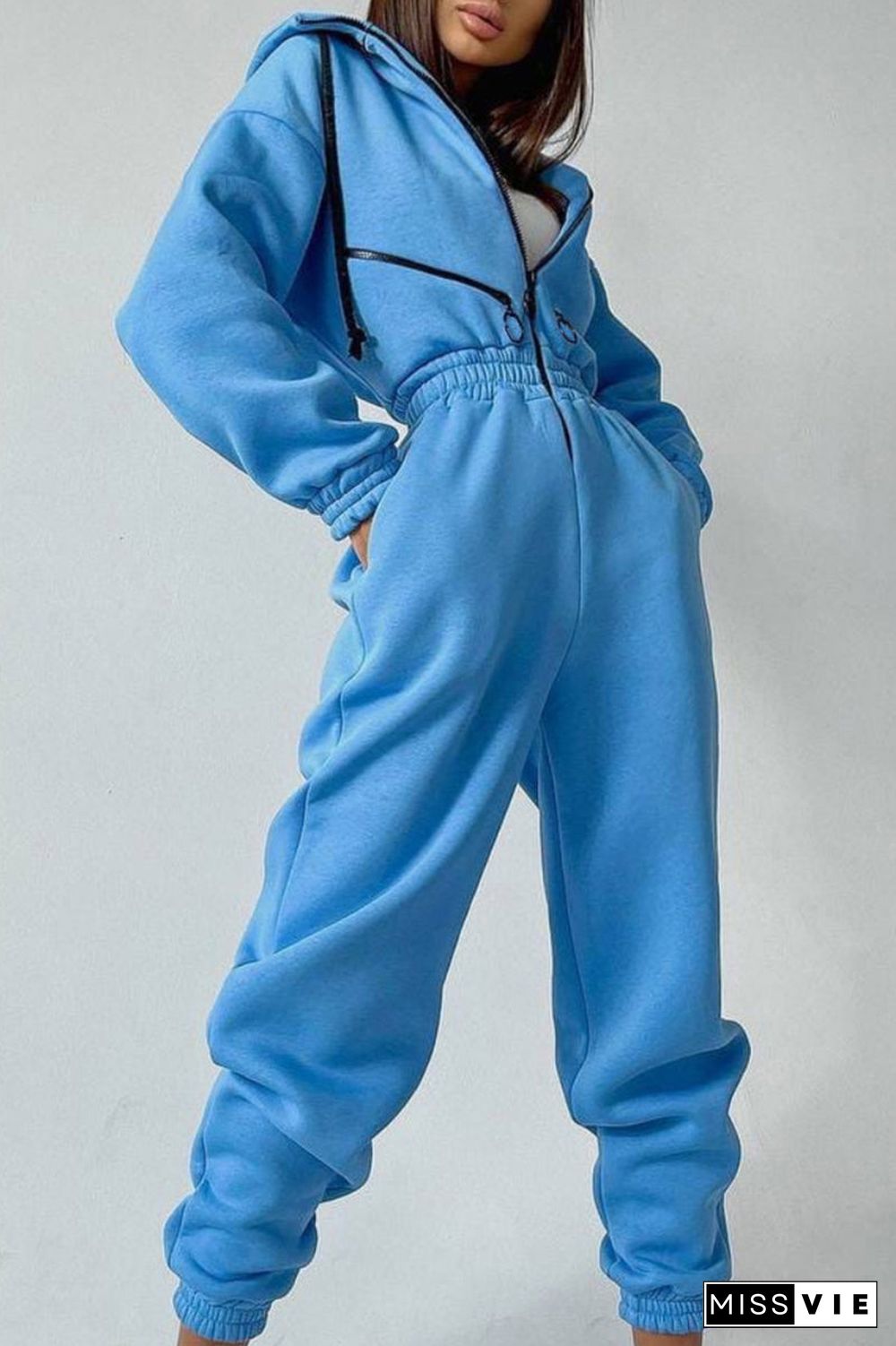 Street Solid Patchwork Hooded Collar Jumpsuits