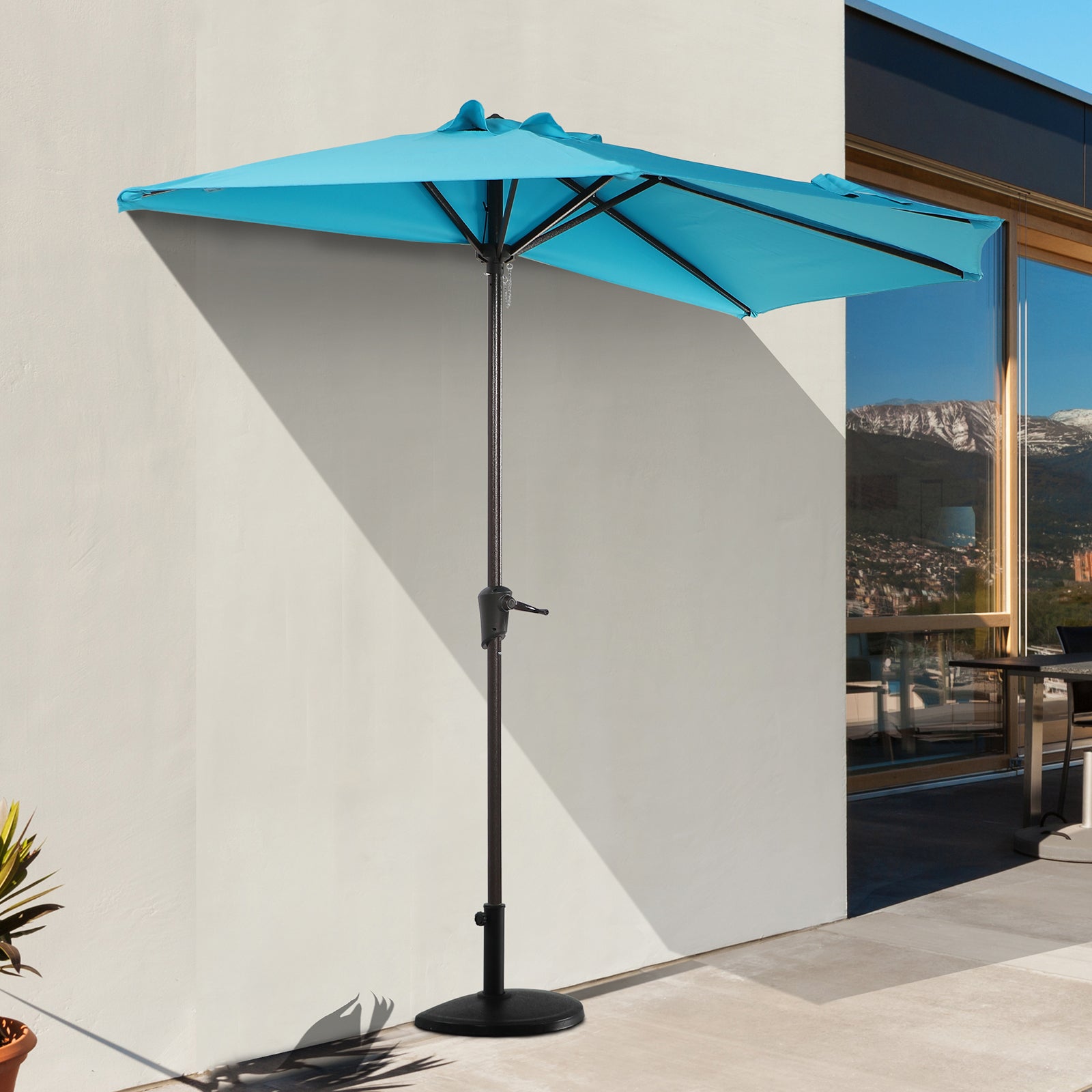 COBANA 9' Half Round Patio Outdoor Umbrella with Heavy-Duty Resin Patio Umbrella Base, Turquoise