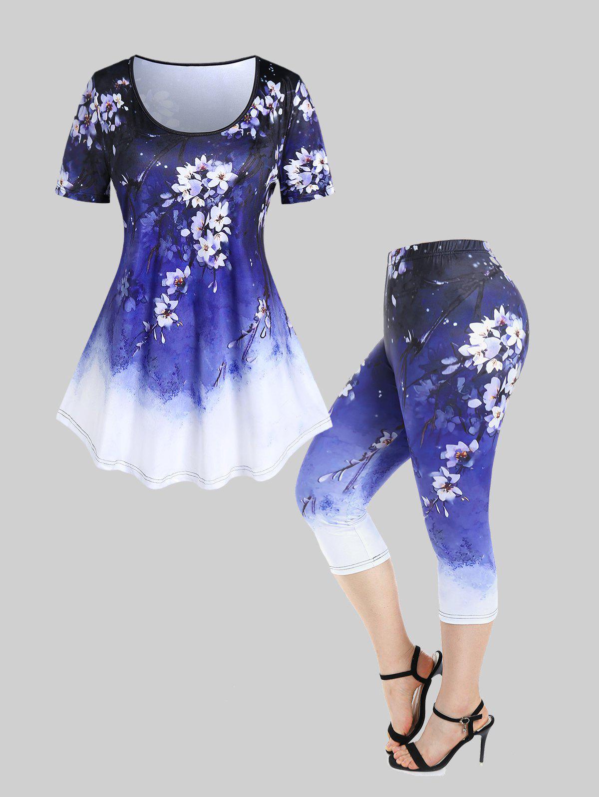 Floral Print Tee and High Waist Capri Leggings Plus Size Outfit