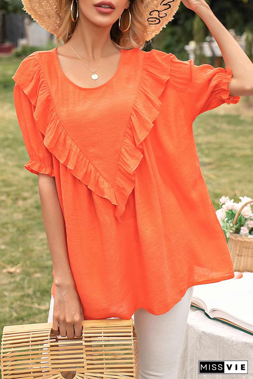 Elegant Solid Split Joint Flounce O Neck T-Shirts