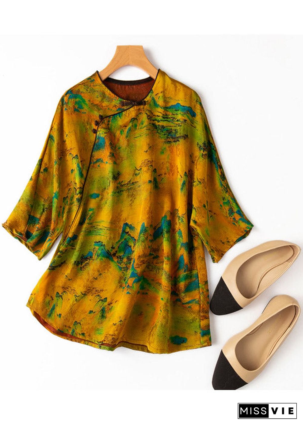 Vogue Yellow O-Neck Button Print Silk T Shirt Half Sleeve