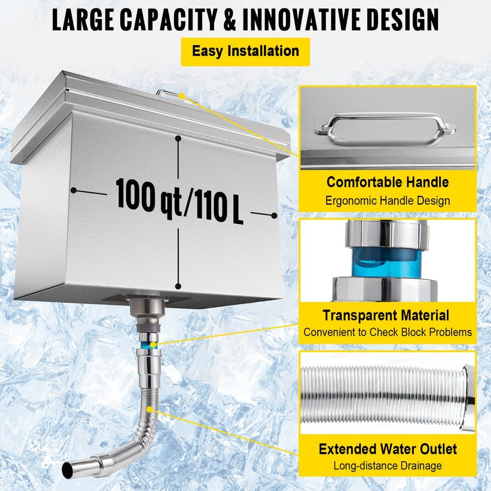 VEVOR 100 Qt. Drop-in Ice Cooler with Hinged Cover 28 in. x 19.9 in. x 17 in. Stainless Steel Drop in Ice Bin for Bar QRSJ28X20X171OH2PV0