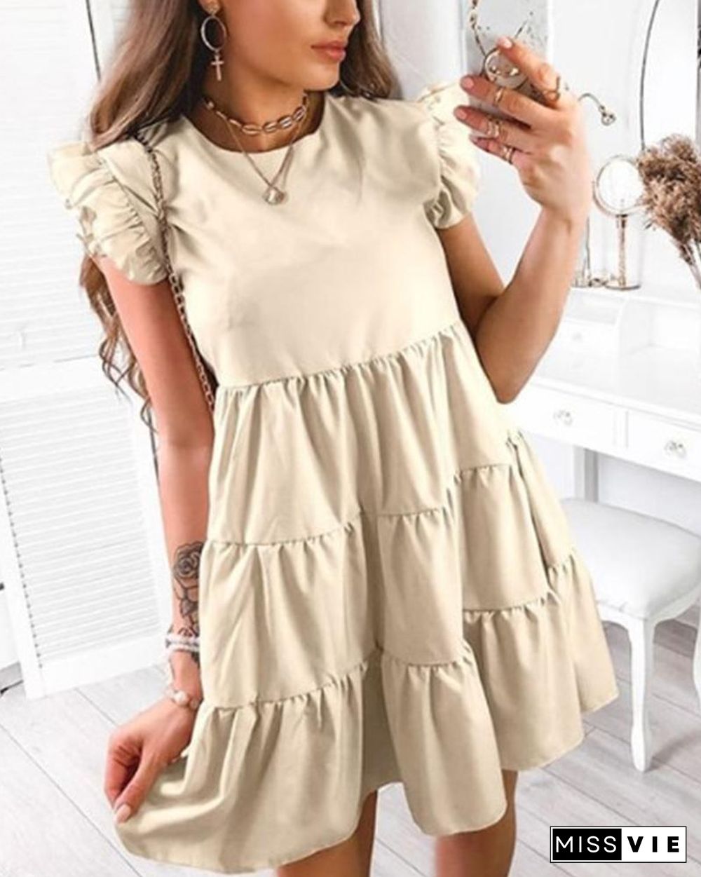 Solid Short Sleeve Ruffles A-line Cake Dress P15274