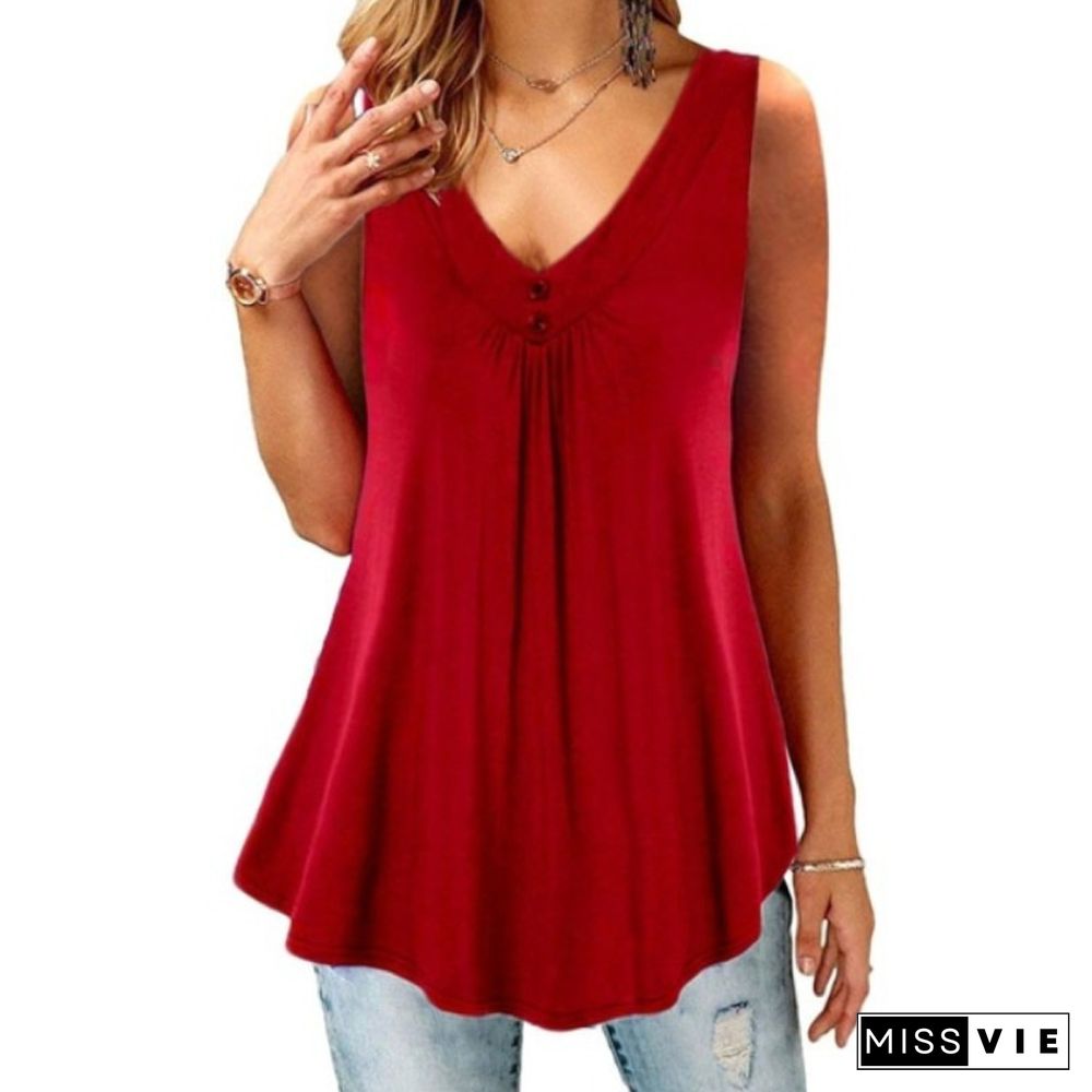 Summer Women's Solid V-Neck Pleated Button Sleeveless Loose Tank Top Ladies Casual Blouses Female Sexy Clothing Home Street Wear