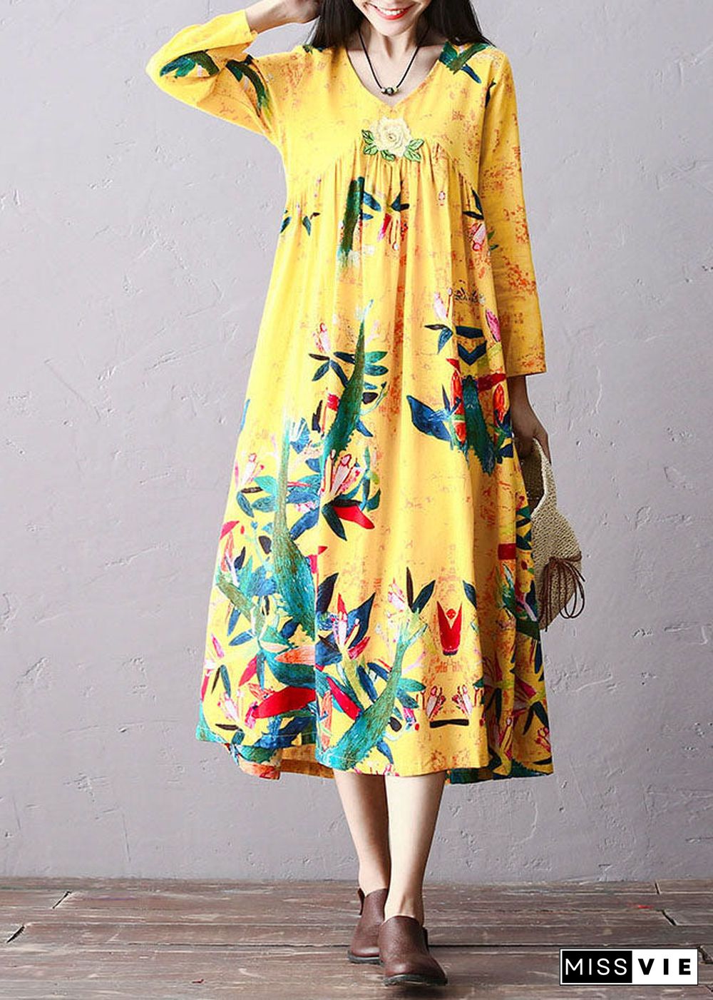 Italian Yellow Wrinkled Embroideried Print Cotton Long Dress Long Sleeve