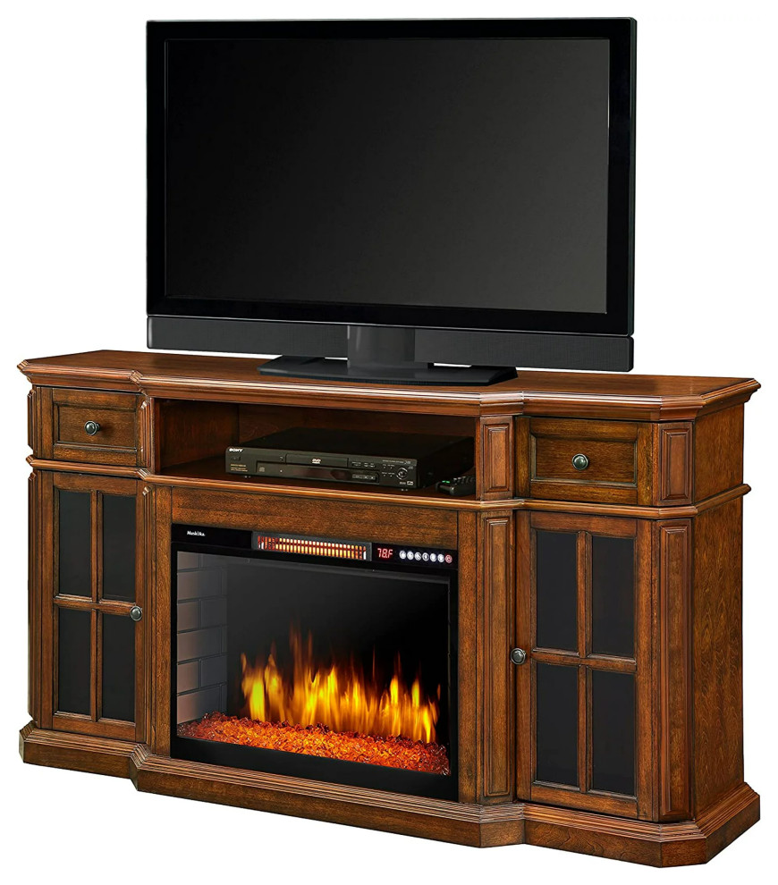 Electric Fireplace TV Stand  Windowpane Doors  ampRemote Control App  Aged Cherry   Transitional   Entertainment Centers And Tv Stands   by Declusia  Houzz