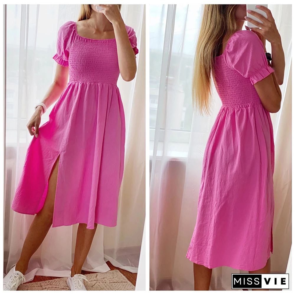 Summer Sexy Long Women Dress Solid Backless Club Dress Slash Neck Female Puff Sleeve Ladies Split Party Dress Vestidos